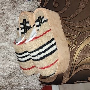 Shoe Republic LA Striped Faux Fur Platform Mules - Tan, Black, Red